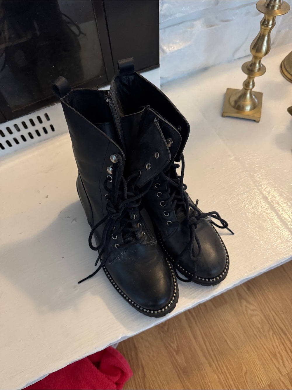 Aqua Black Lace-Up Combat Boots with Stud Trim